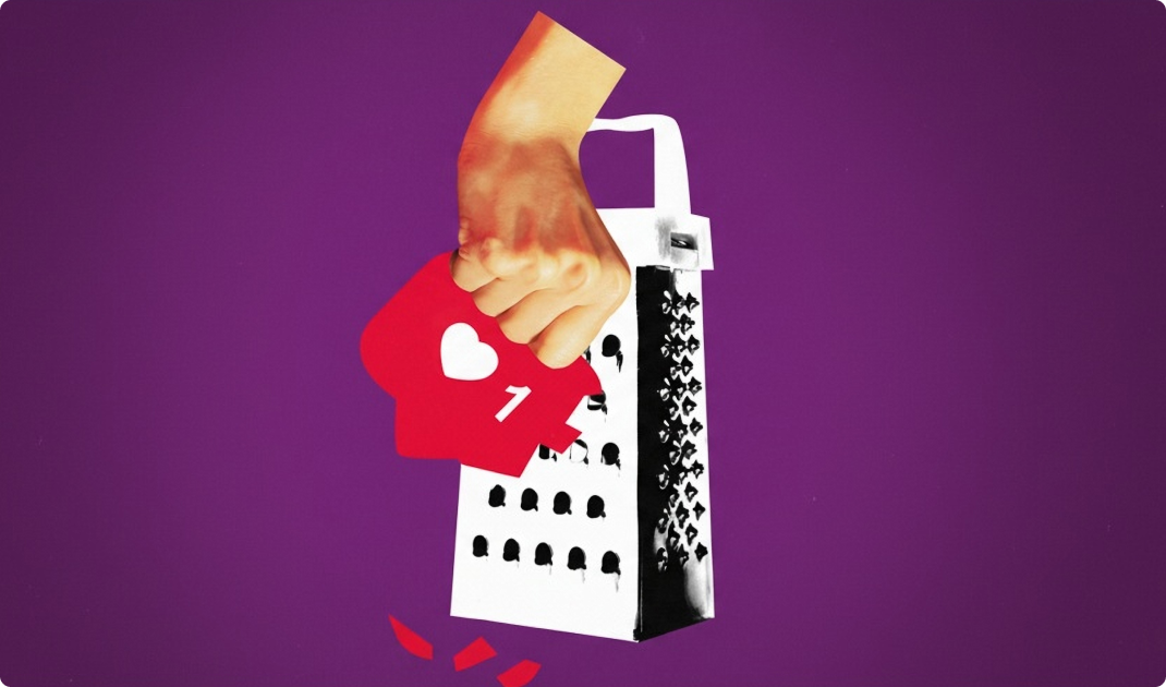 Toronto social media marketing agency Pinch Social article, a hand pressed through a metal cheese grater on purple
